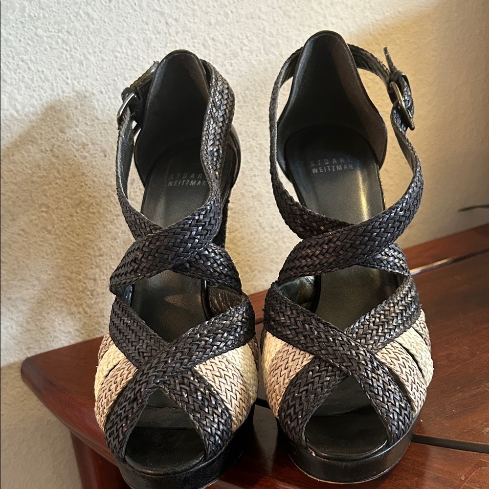 Stuart Weitzman Black and Cream Strappy Heels Size 10B